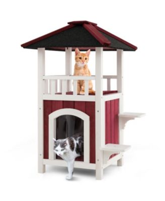 2-Story Fir Wood Outdoor Cat House with Asphalt Roof Balcony and Rain Curtain