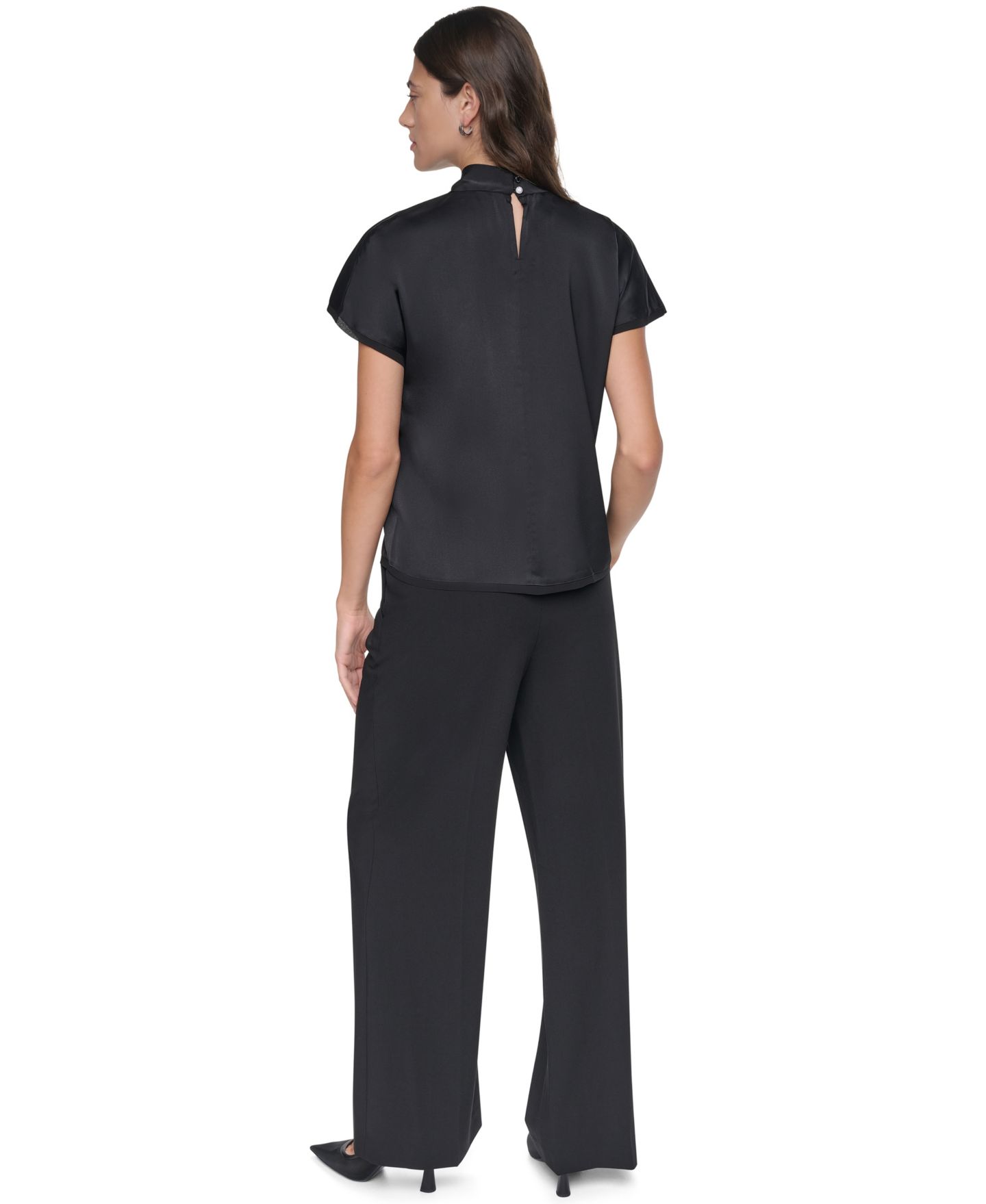 Женская блузка DKNY Short-Sleeve Mock-Neck Satin Blouse, цвет: Чёрный — фото 5