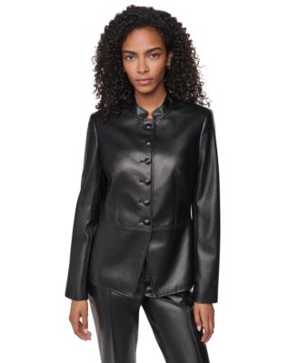 Women's Shoulder-Padded Long-Sleeve Faux Leather Jacket