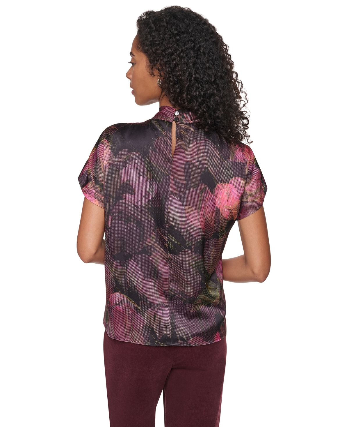 Dkny Women's Floral-Print Mock Neck Short-Sleeve Blouse