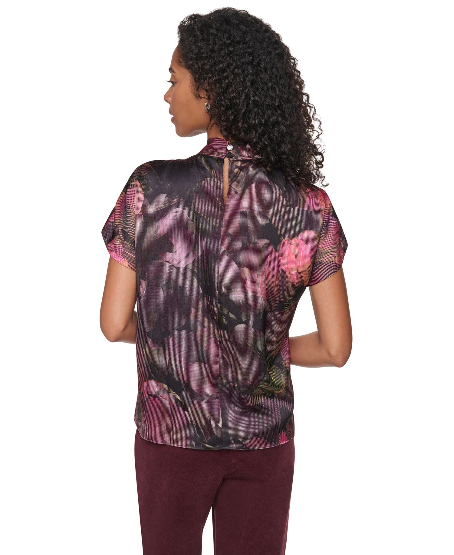 Women's Floral-Print Mock Neck Short-Sleeve Blouse