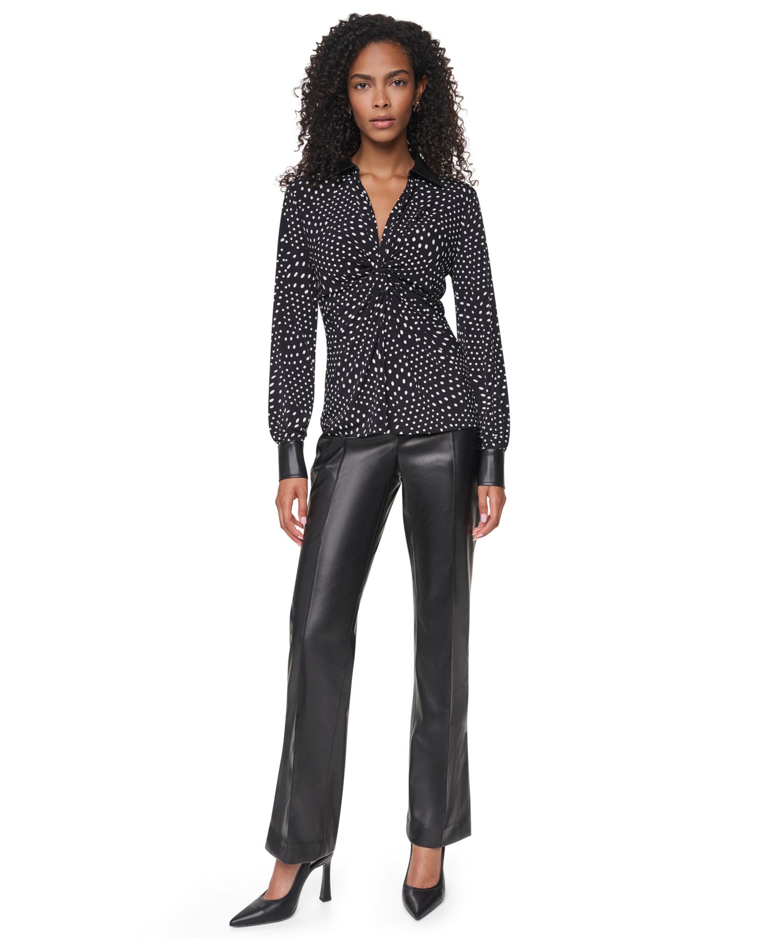 Women's Long-Sleeve Twist-Front Polka-Dots Blouse
