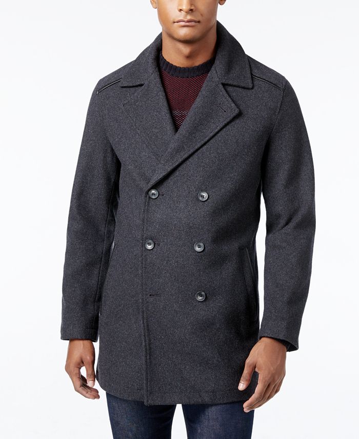 Peacoat With Faux Leather Trim, Mens Pea Coat Leather Trims