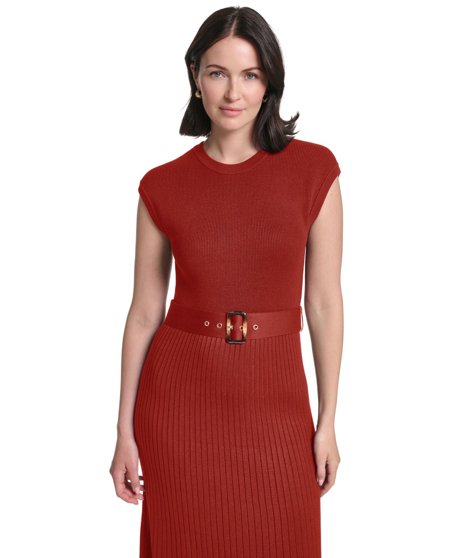 Petite Belted Midi Ribbed Dress