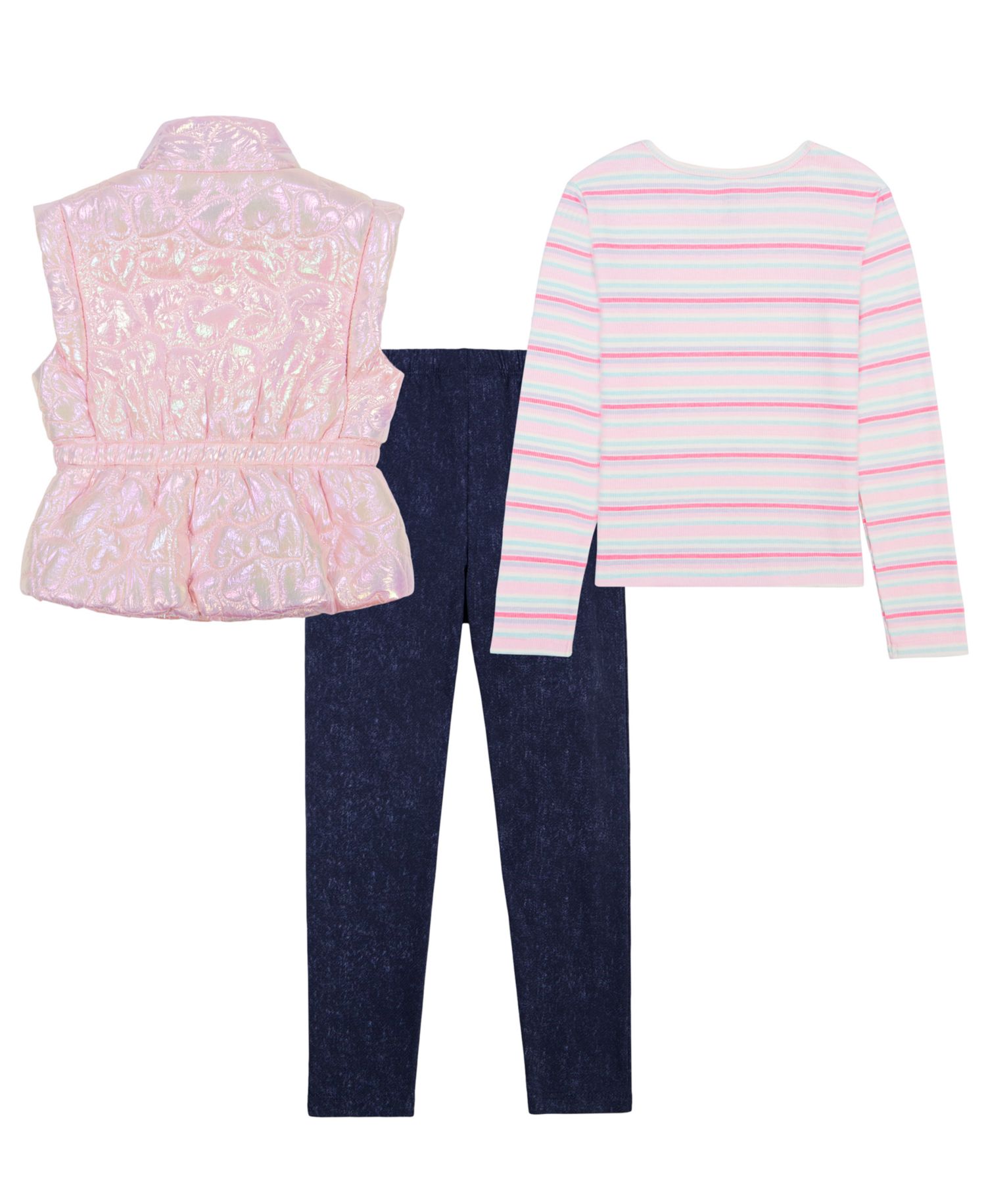 Girls' 4-16 Striped Long-Sleeve Puffer Vest, T-Shirt and Pants, 3-Piece Set