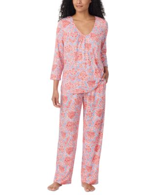 Women's V-Neck 3/4 Sleeve Top and Pants, 2-Piece Pajama Set