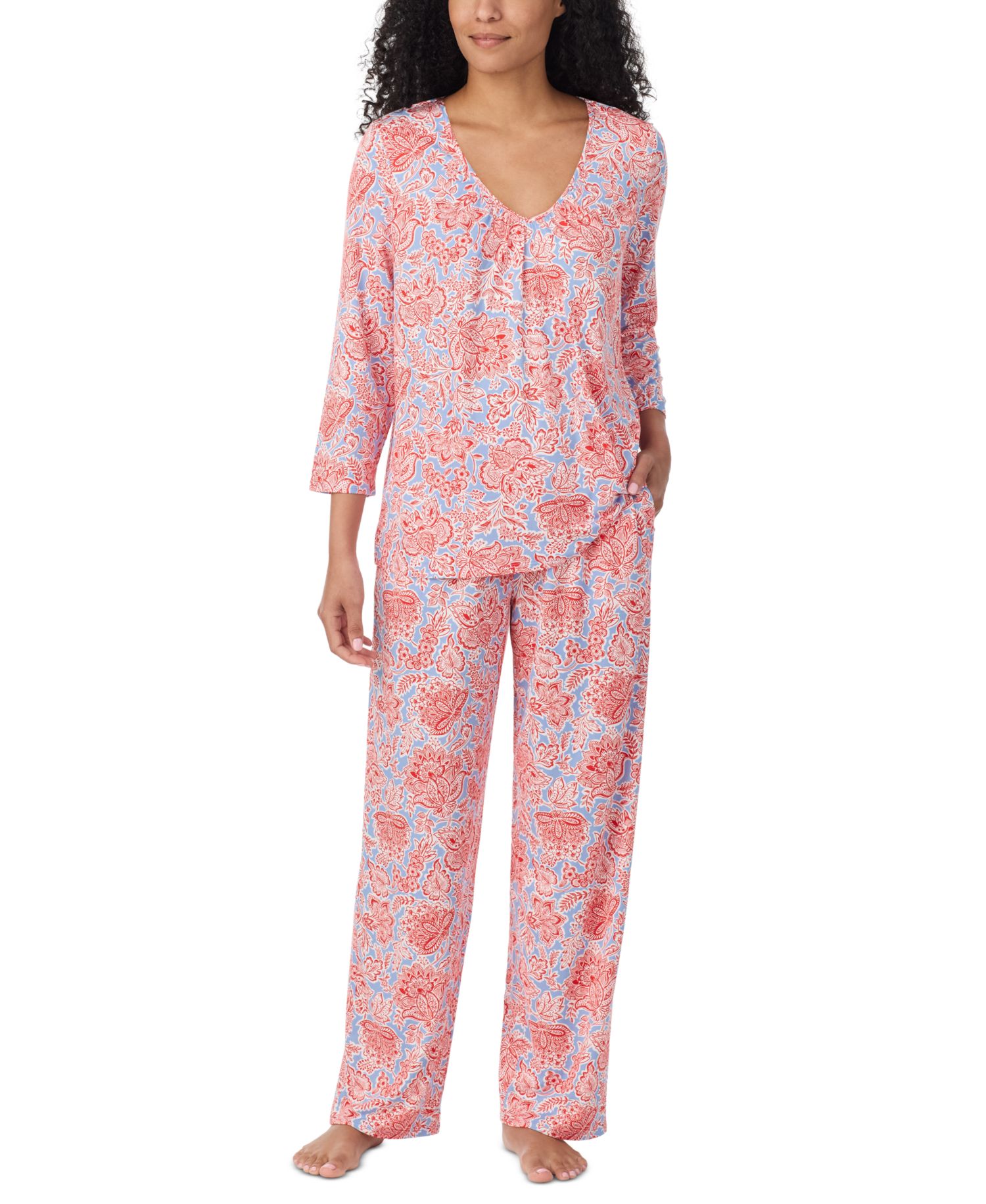 Women's V-Neck 3/4 Sleeve Top and Pants, 2-Piece Pajama Set