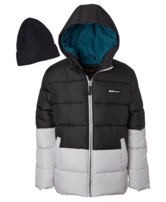 Toddler Boys' 2T-5T Hooded Colorblock Fleece-Lined Puffer Jacket and Sweater Knit Hat, 2-Piece Set