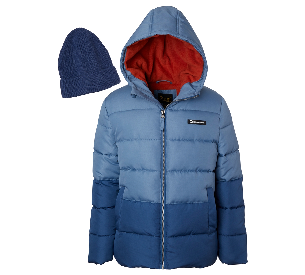 Ixtreme Babies' Toddler Boys' 2t-5t Hooded Colorblock Fleece-lined Puffer Jacket And Sweater Knit Hat, 2-piece Set In Blue