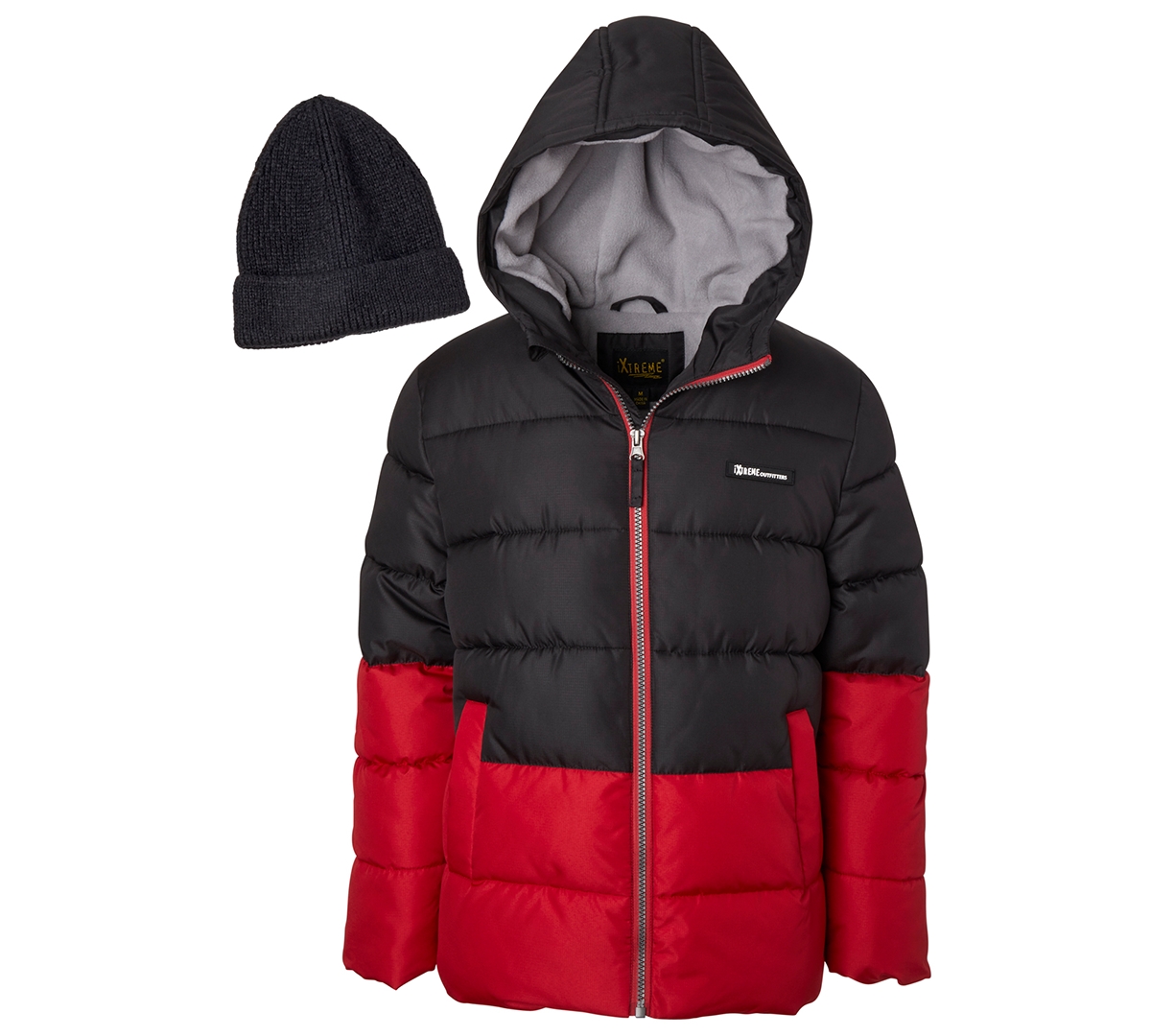 Ixtreme Babies' Toddler Boys' 2t-5t Hooded Colorblock Fleece-lined Puffer Jacket And Sweater Knit Hat, 2-piece Set In Red