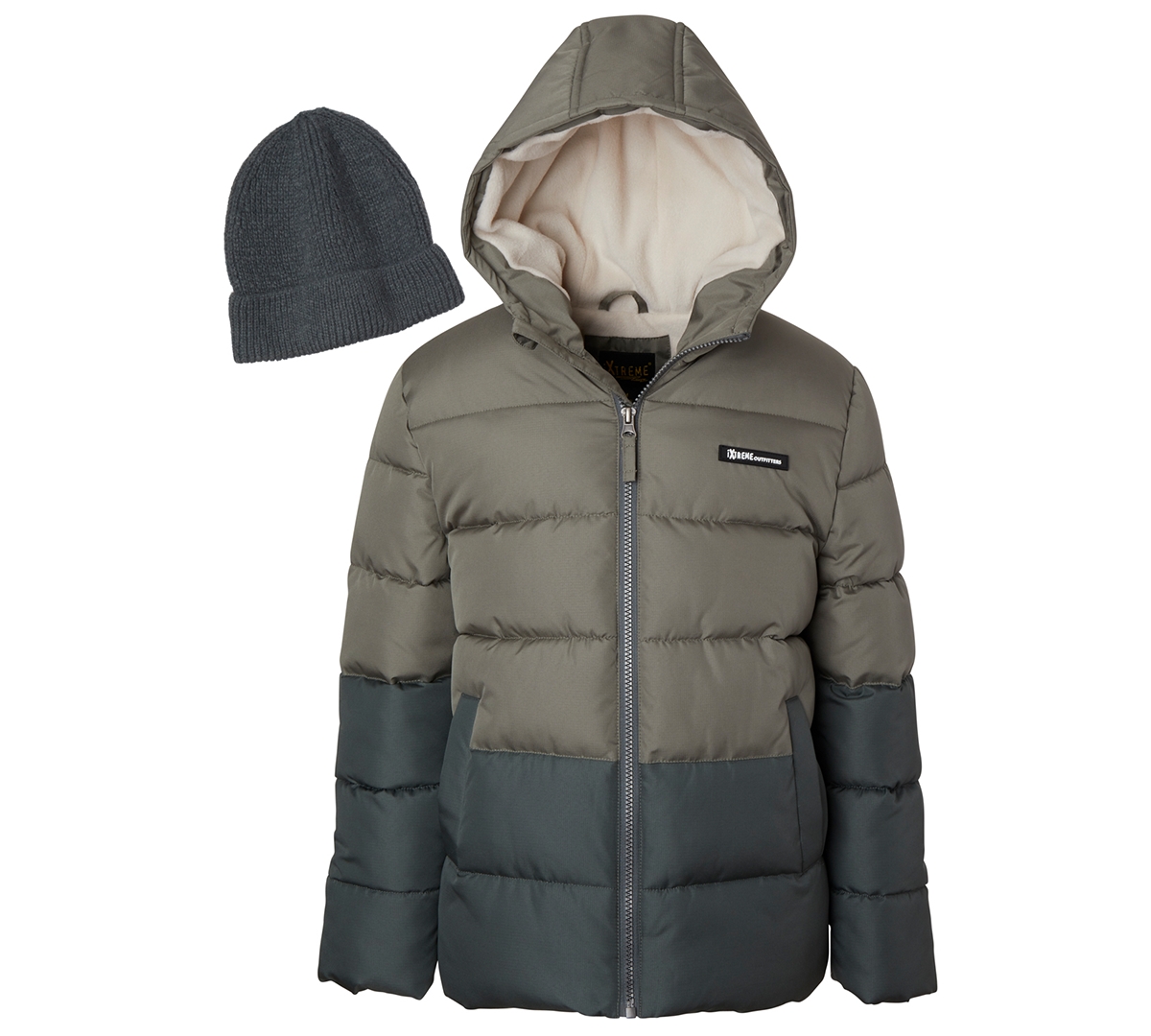 Ixtreme Babies' Toddler Boys' 2t-5t Hooded Colorblock Fleece-lined Puffer Jacket And Sweater Knit Hat, 2-piece Set In Olive