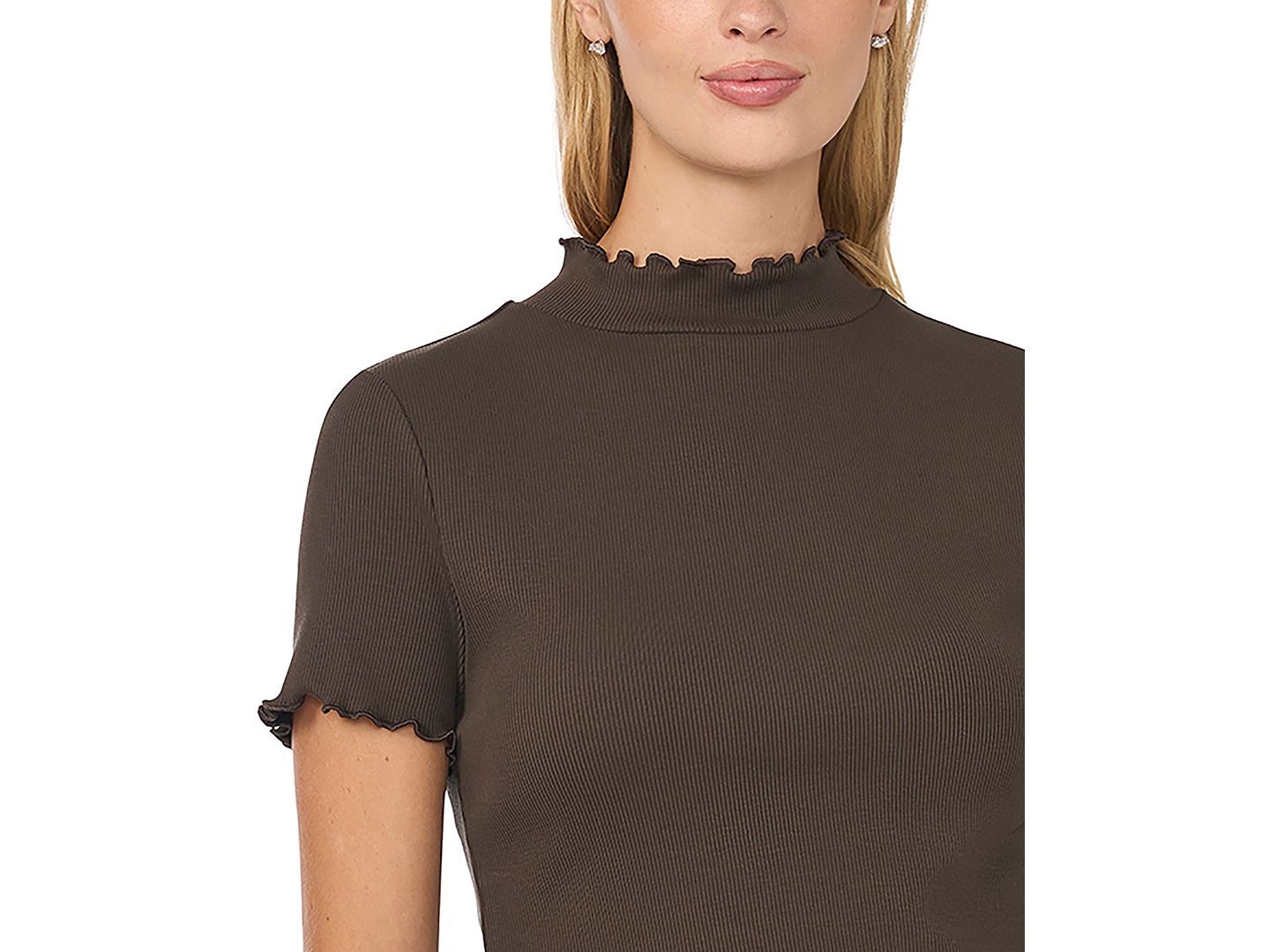 Женская футболка CeCe Mock-Neck Short-Sleeve Lettuce-Trim Cotton-Blend, цвет: Кофейный — фото 2