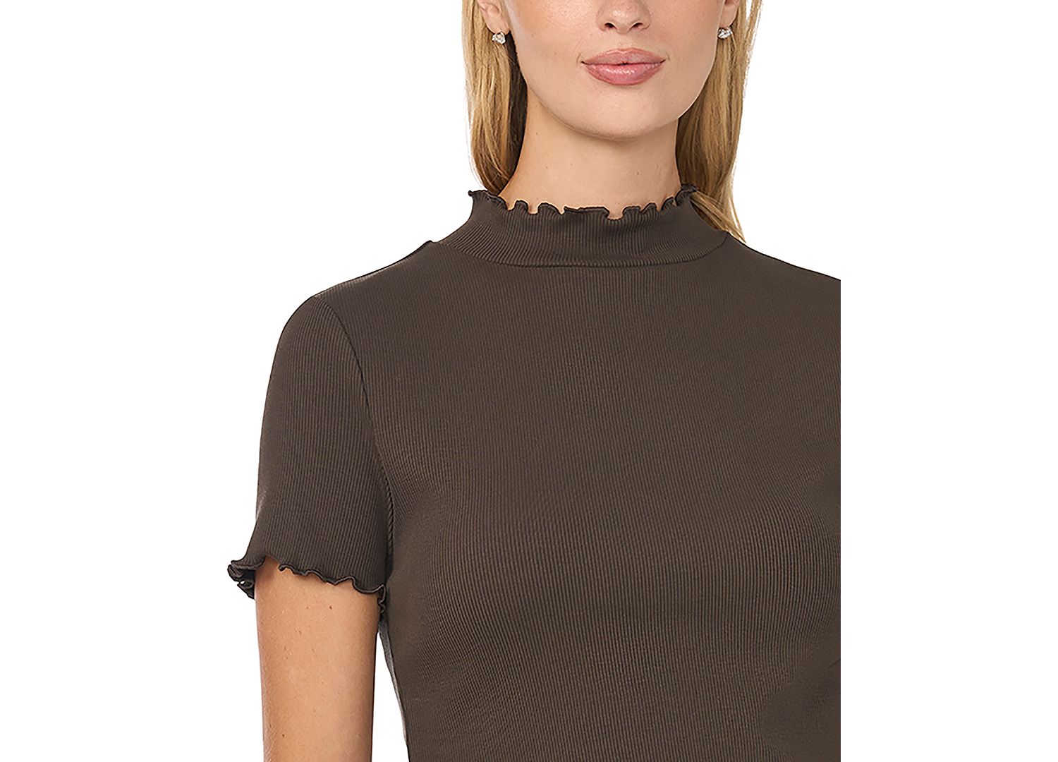 Women's Mock-Neck Short-Sleeve Lettuce-Trim Cotton-Blend T-Shirt