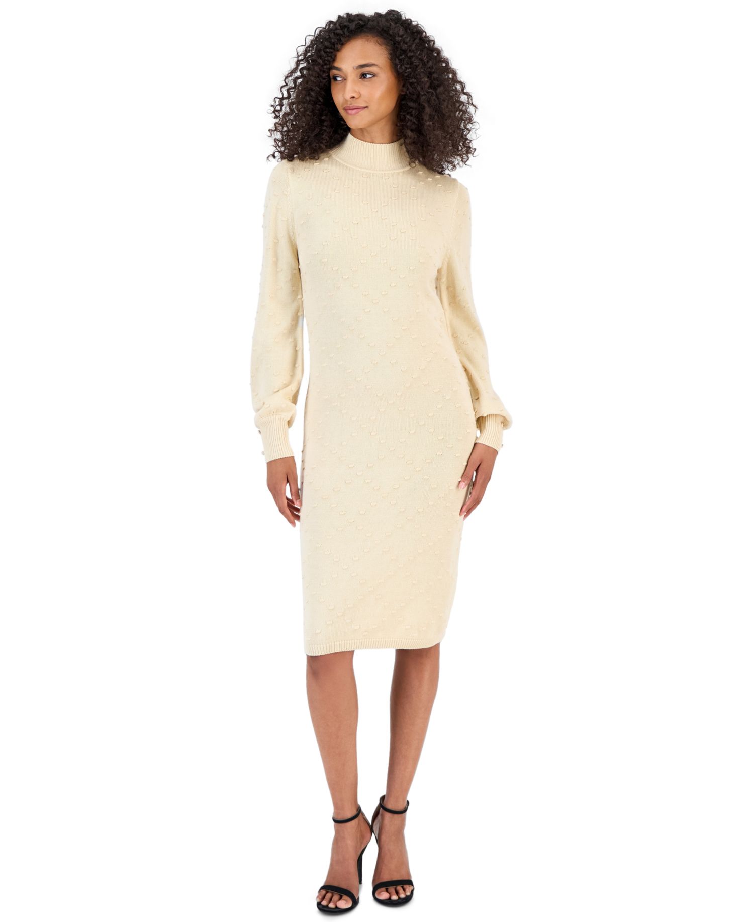 Women's Embellished Mock-Neck Long-Sleeve Midi Sweater Dress