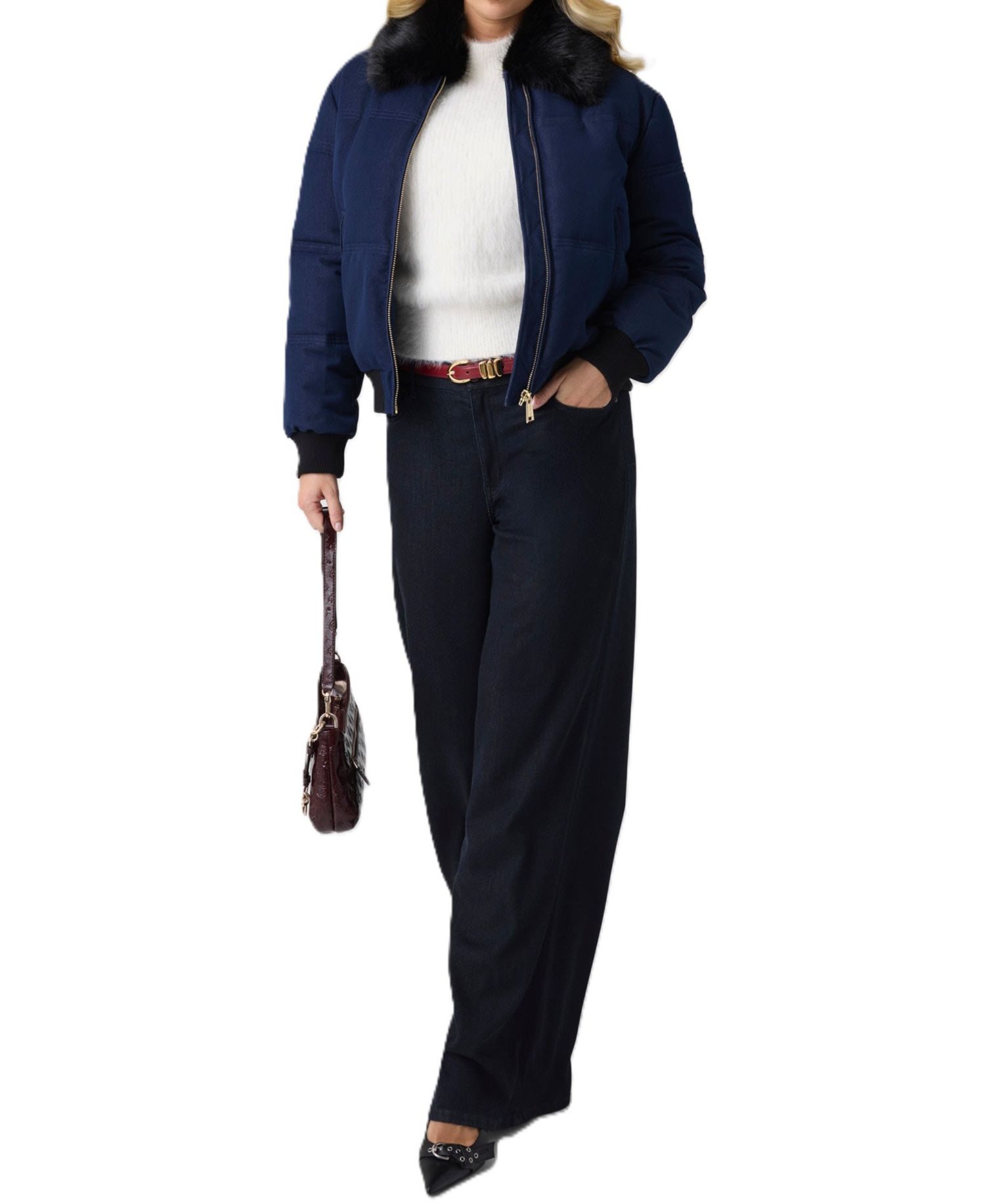 Women's Ivana Puffer-Bomber Faux-Fur Collar Synched-Waist Denim Jacket