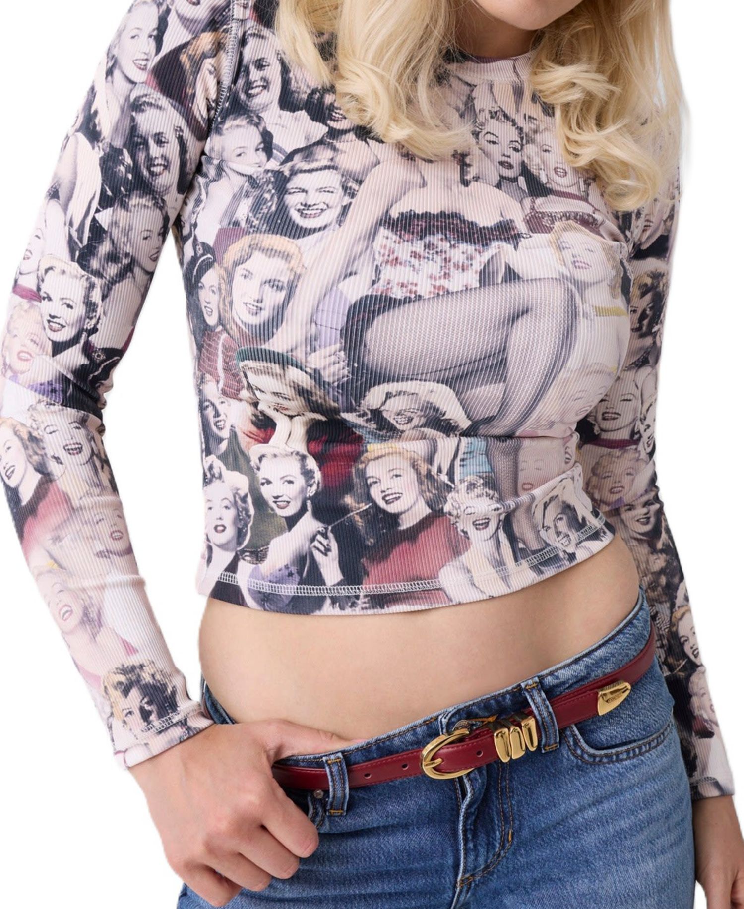 Women's Allover-Marilyn-Print Long-Sleeve Crop T-Shirt