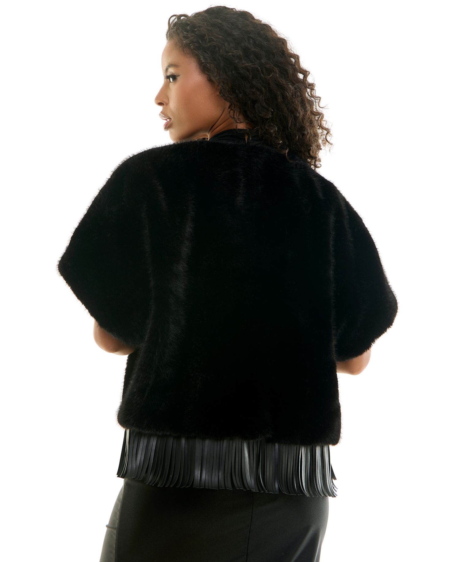 Juniors' Faux Fur Open-Front Pleather-Fringe Hem Jacket