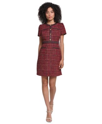 Women's Short-Sleeve Tweed Crewneck Sheath Dress