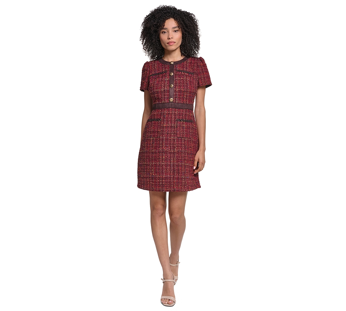Karl Lagerfeld Paris Women's Short-Sleeve Tweed Crewneck Sheath Dress - Espresso Multi