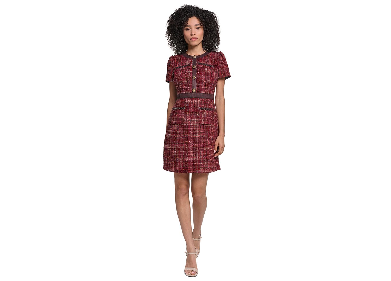Women's Short-Sleeve Tweed Crewneck Sheath Dress