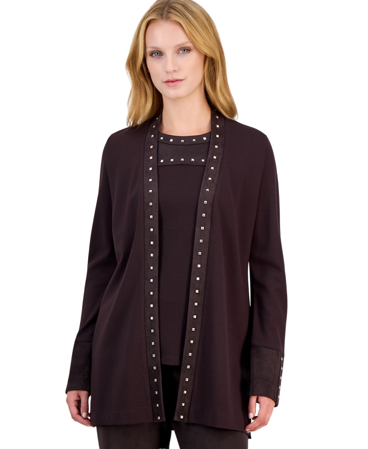 Anne Klein Petite Embellished Long-Sleeve Open-Front Cardigan