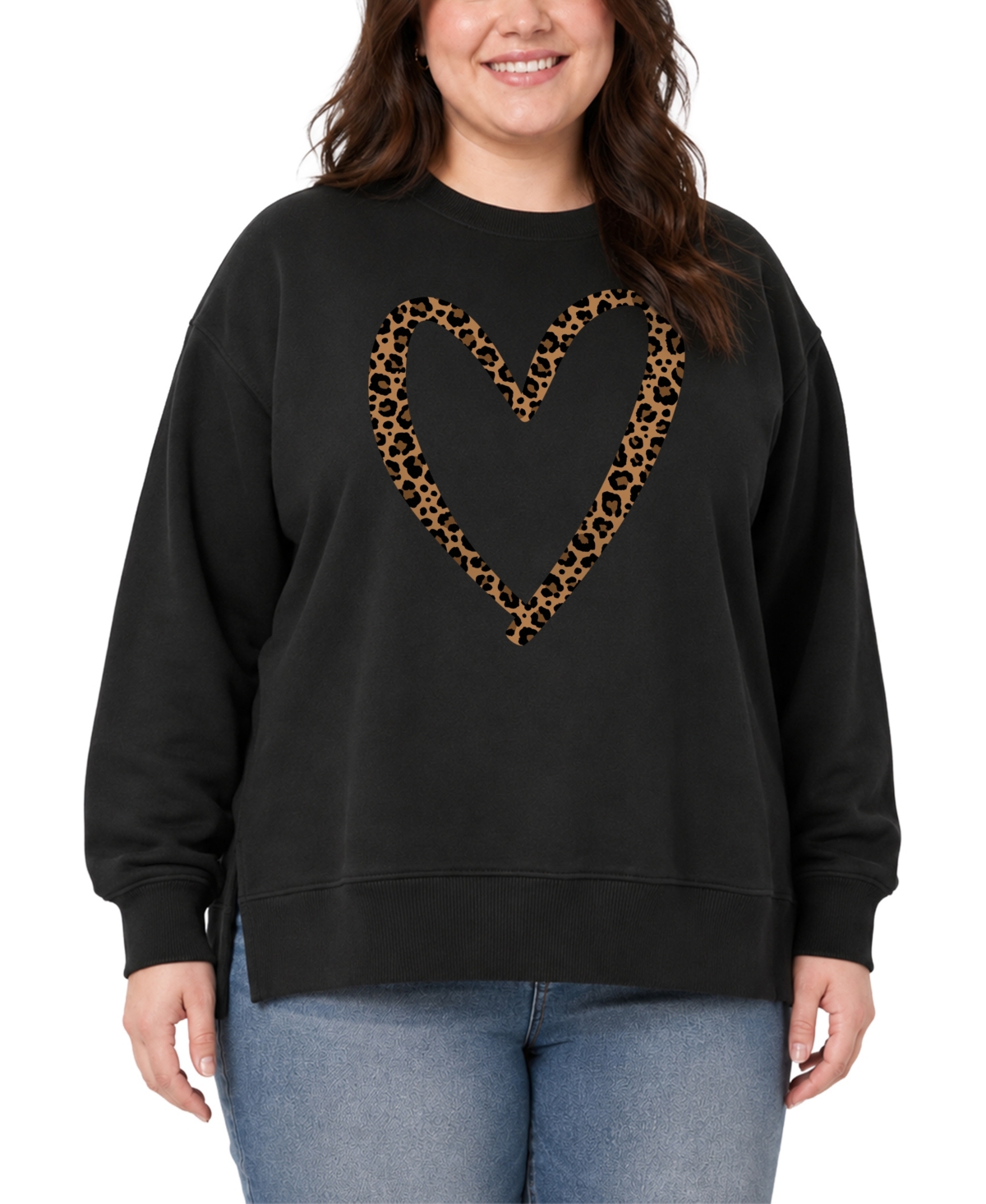 Hybrid Apparel Plus Leopard-Print Heart Graphic Long-Sleeve Sweatshirt