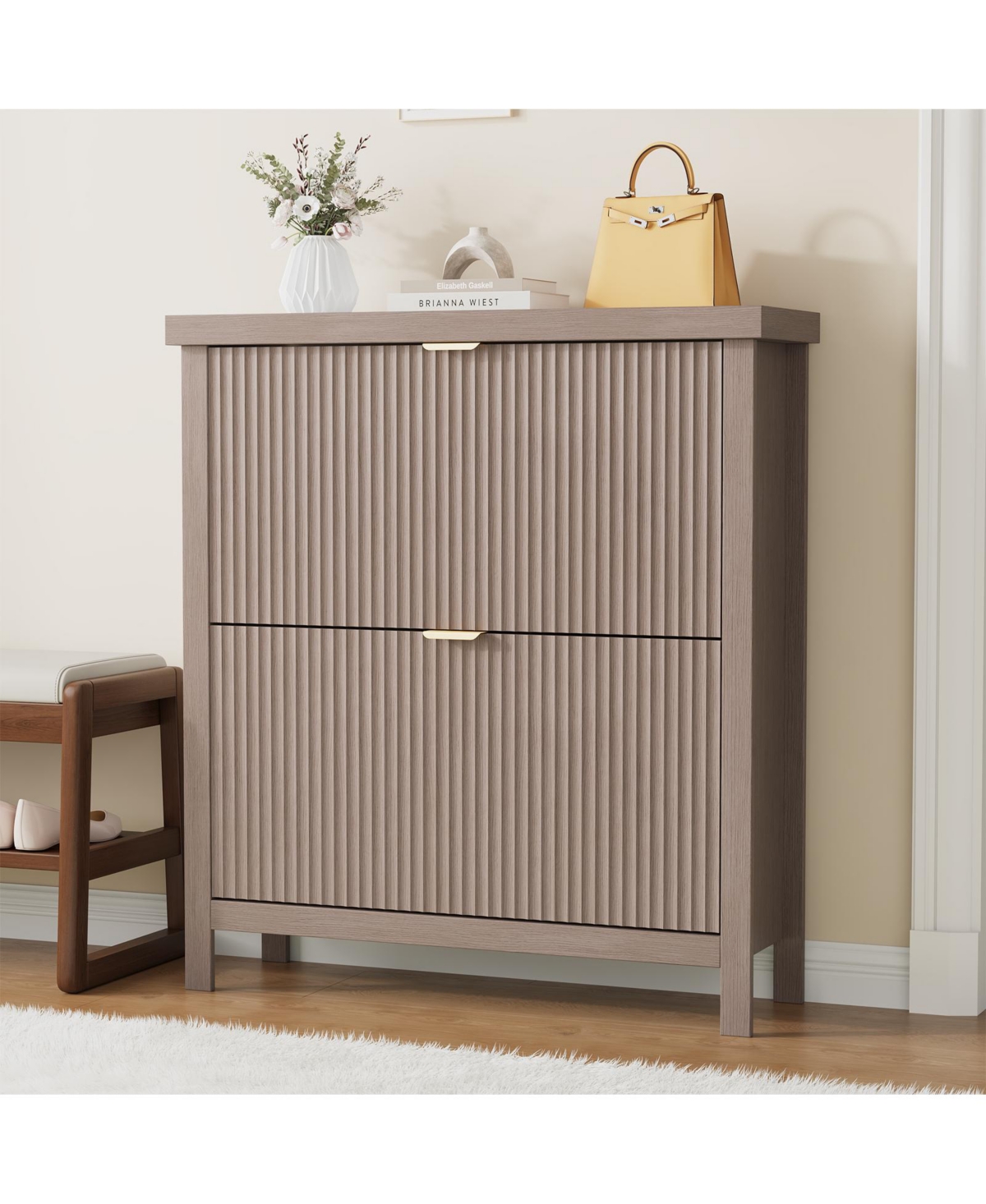 gaomon Striped freestanding entryway shoe cabinet with double-layer flip drawers, adjustable shelves and dust-proof back panel