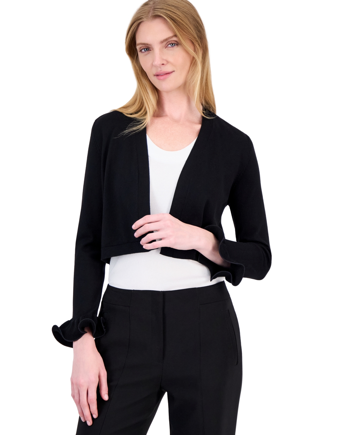 Kasper Petite Open-Front Cropped Flared-Cuff-Sleeve Shrug Cardigan Sweater