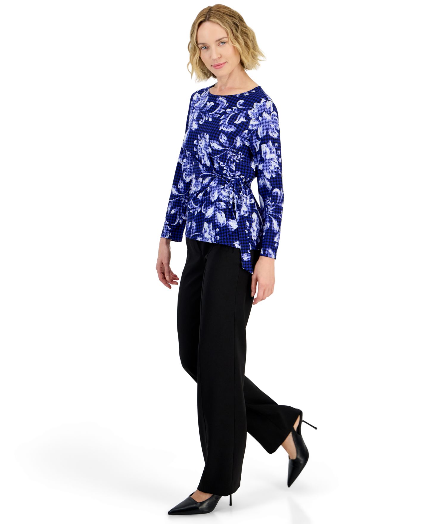 Женский топ Kasper Floral Houndstooth-Print Wrap Front Long Sleeve Knit, цвет: Королевский синий разноцветный — фото 2