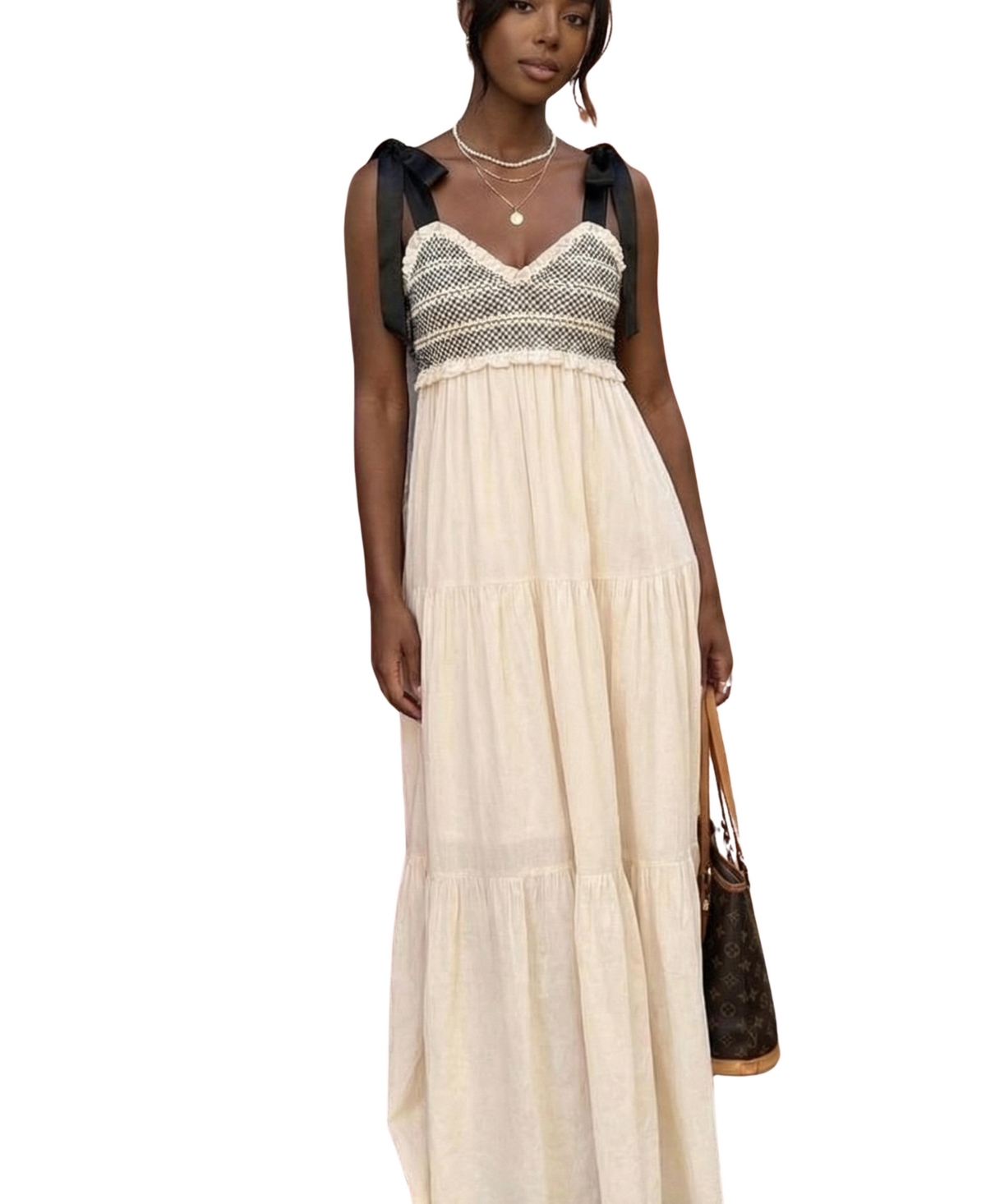 Modenaire Women's Smocked Lace-Trim Bow-Tie Strap Maxi Dress