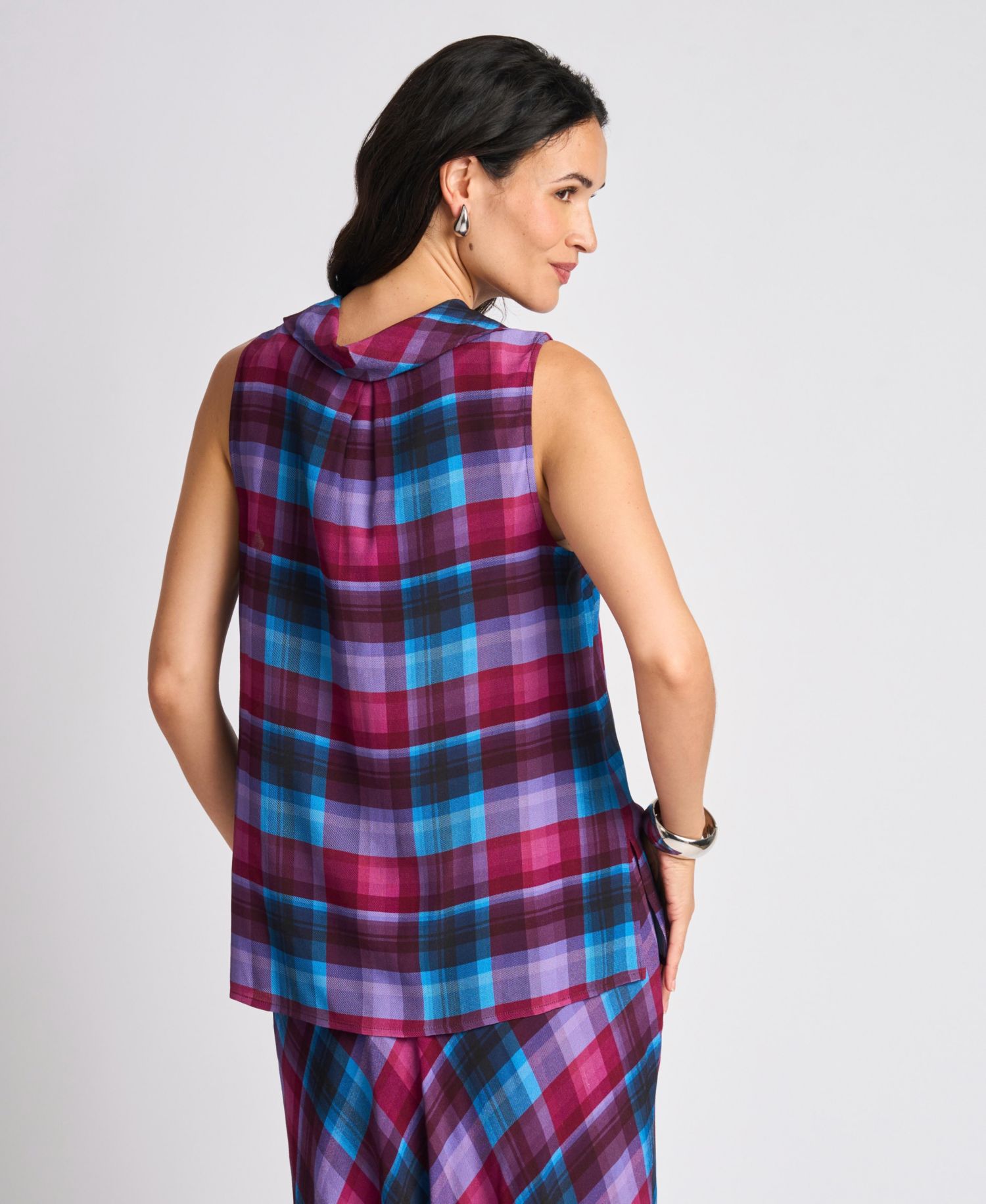 Women's Plaid Cowl Neck Sleeveless Blouse
