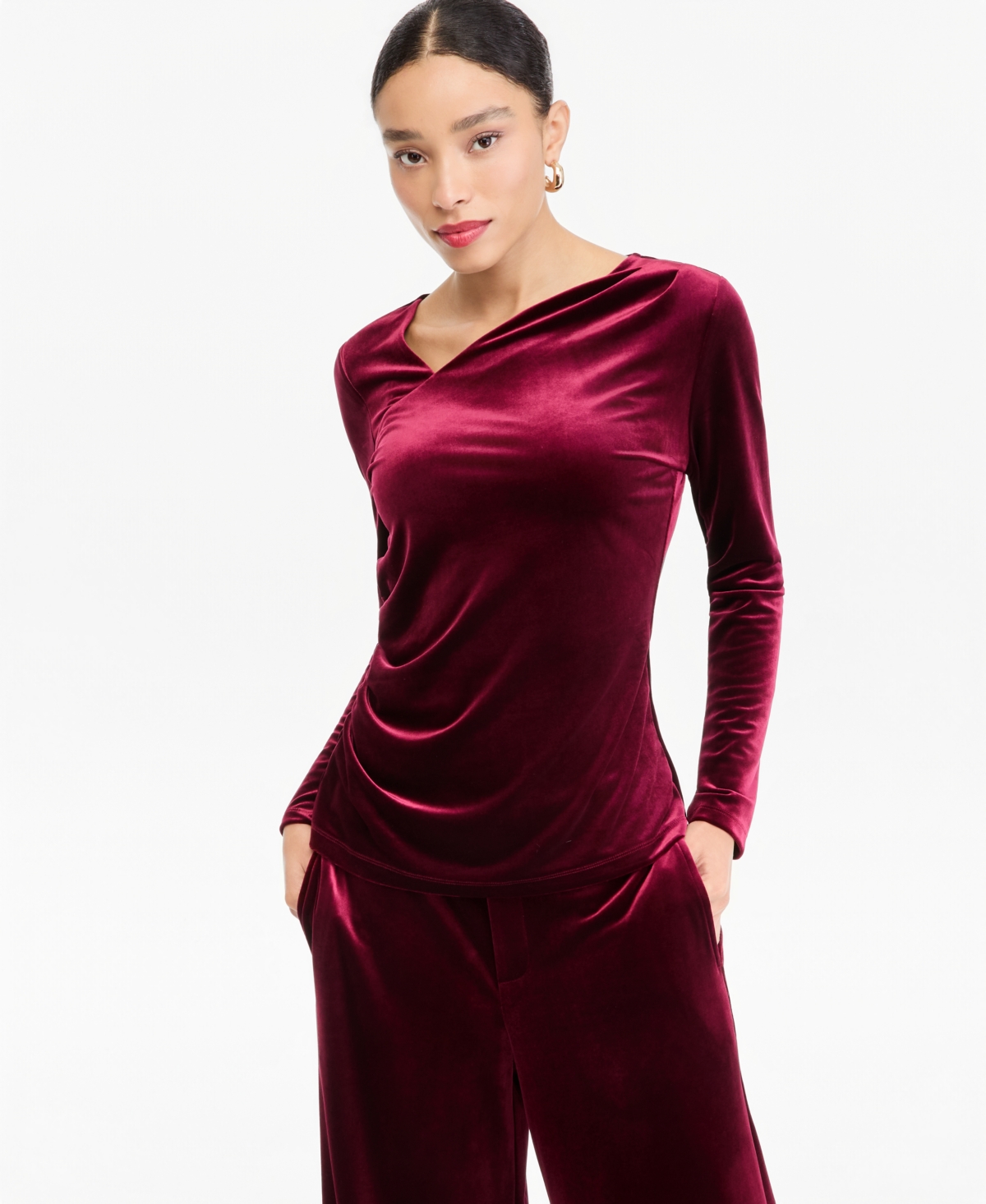 I.n.c. International Concepts Women's Long-Sleeve Asymmetrical-Neckline Velvet Blouse, Macy's Exclusive - Berry Wine