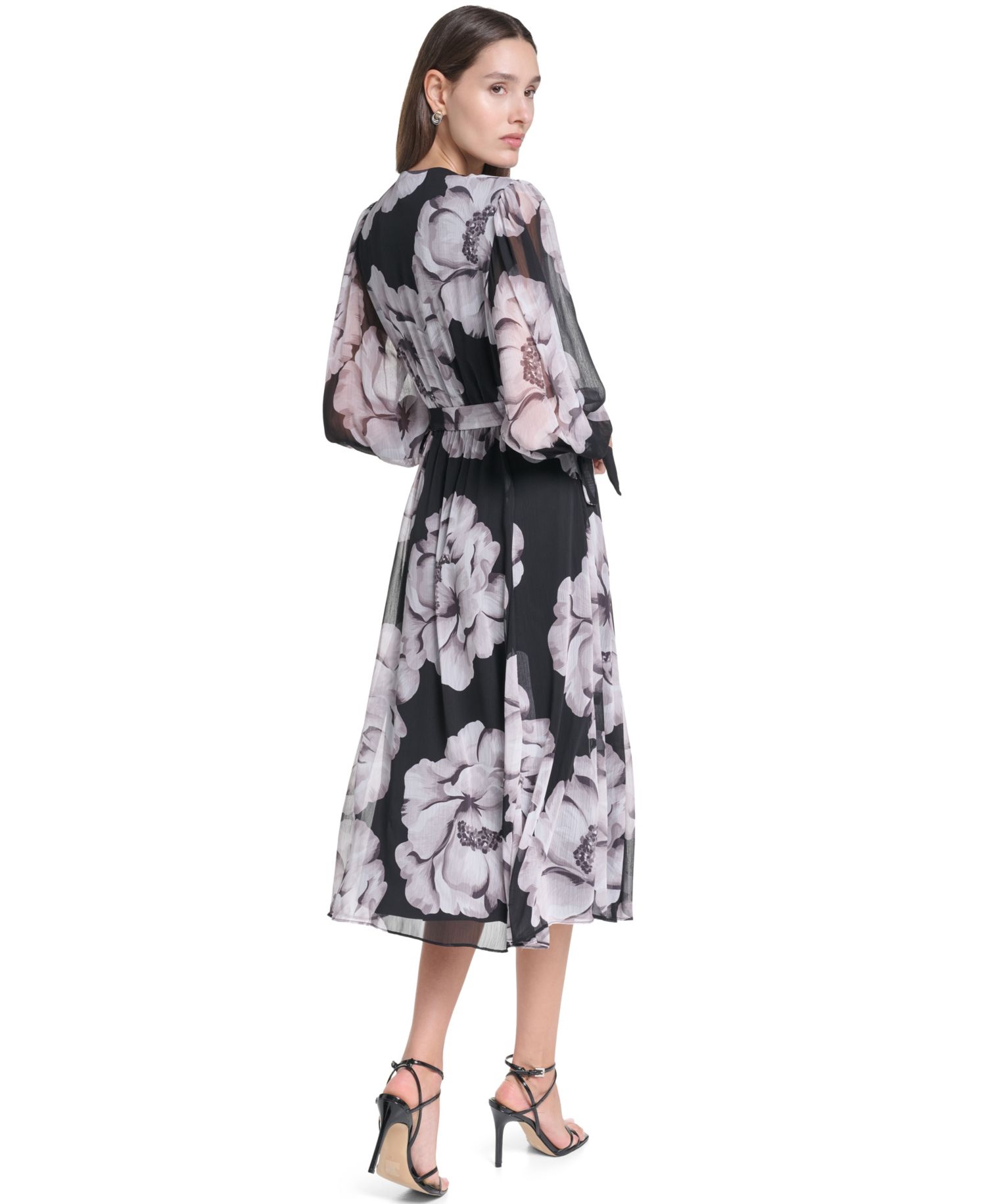 Women's Floral-Print V-Neck Bishop-Sleeve Midi Dress