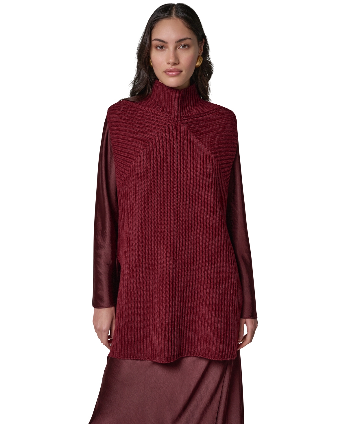Donna Karan New York Women's Mock-Neck Sleeveless Ribbed Sweater Tunic - Black Cherry
