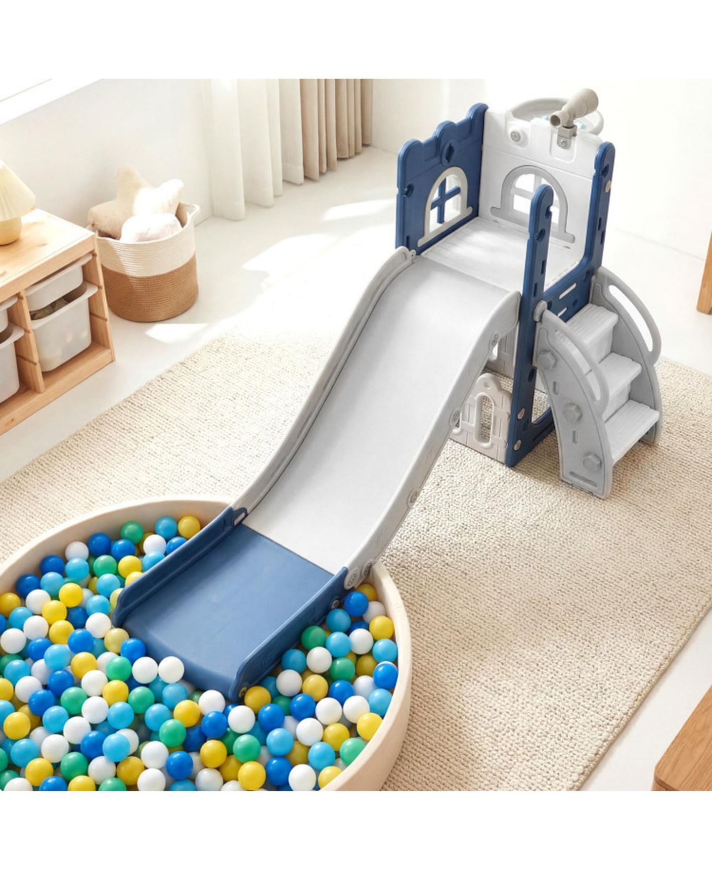 Детский игровой набор SUGIFT 6-in-1 L-Shaped Toddler Slide Climber Playset with Basketball Hoop, 27" x 57" x 33.5", 110 lbs Capacity, Ages 1-3, цвет: Синий — фото 2