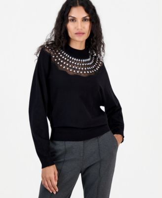 Women's Mock-Neck Dolman-Sleeve Lace Sweater