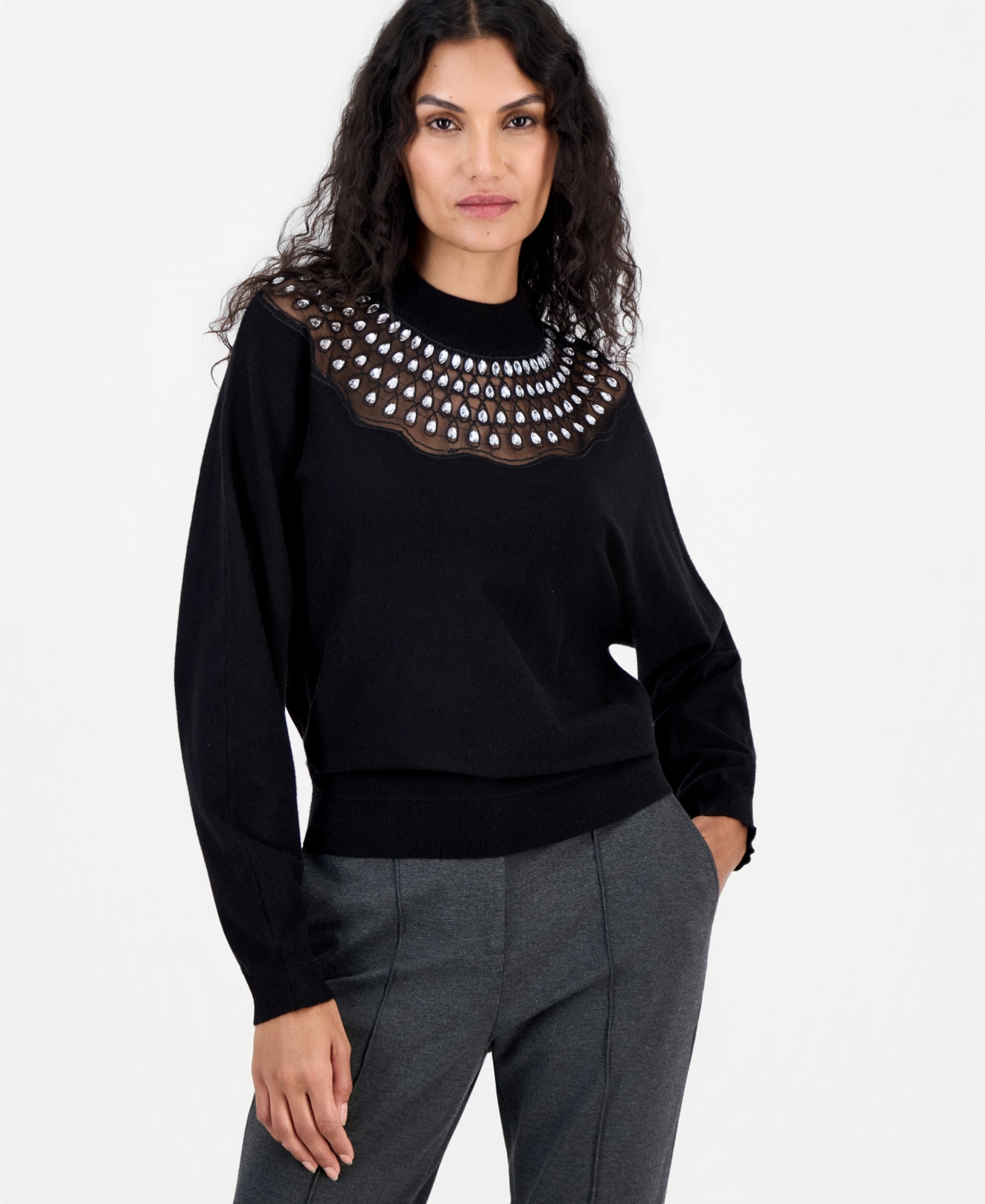 T Tahari Women's Mock-Neck Dolman-Sleeve Lace Sweater