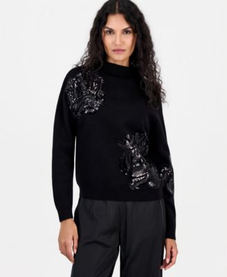 Women's Sequin-Embellished Floral Mock Neck Sweater