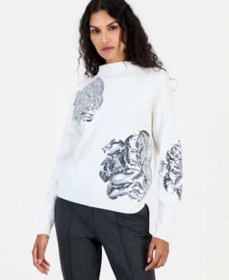 Women's Sequin-Embellished Floral Mock Neck Sweater