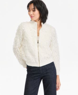 Women's Fuzzy-Knit Full-Zip Mock-Neck Cardigan