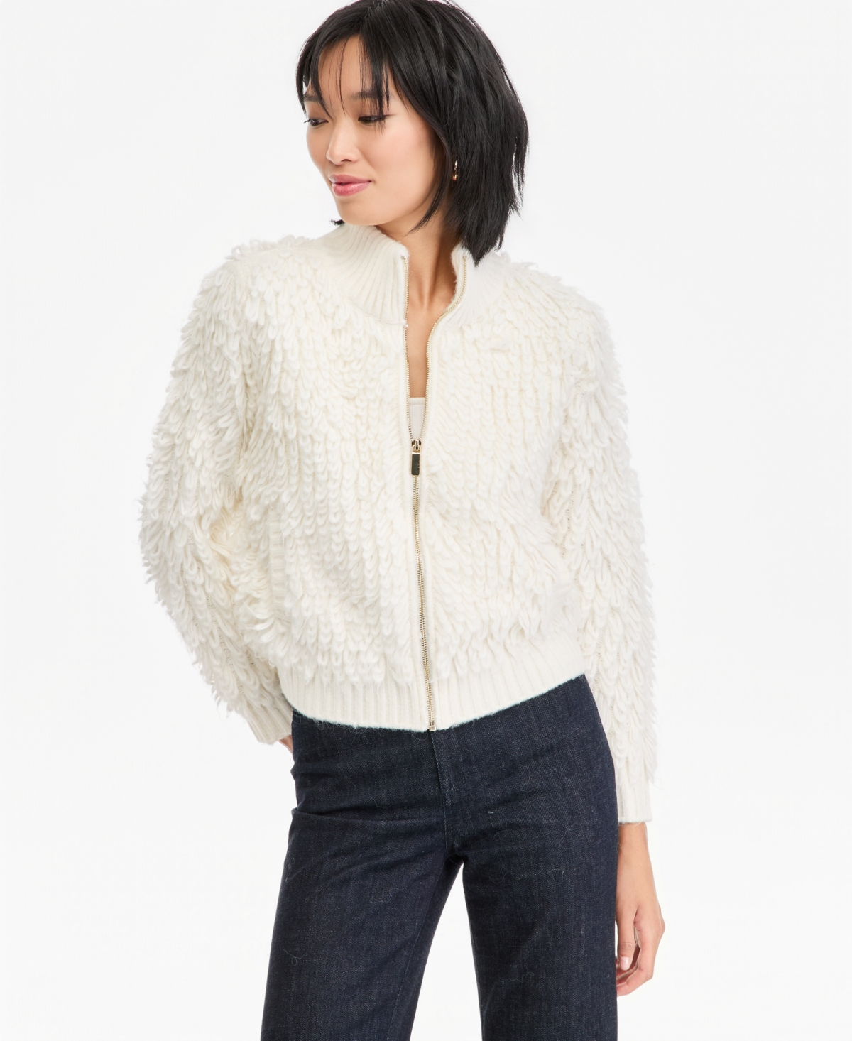 I.n.c. International Concepts Women's Fuzzy-Knit Full-Zip Mock-Neck Cardigan, Macy's Exclusive