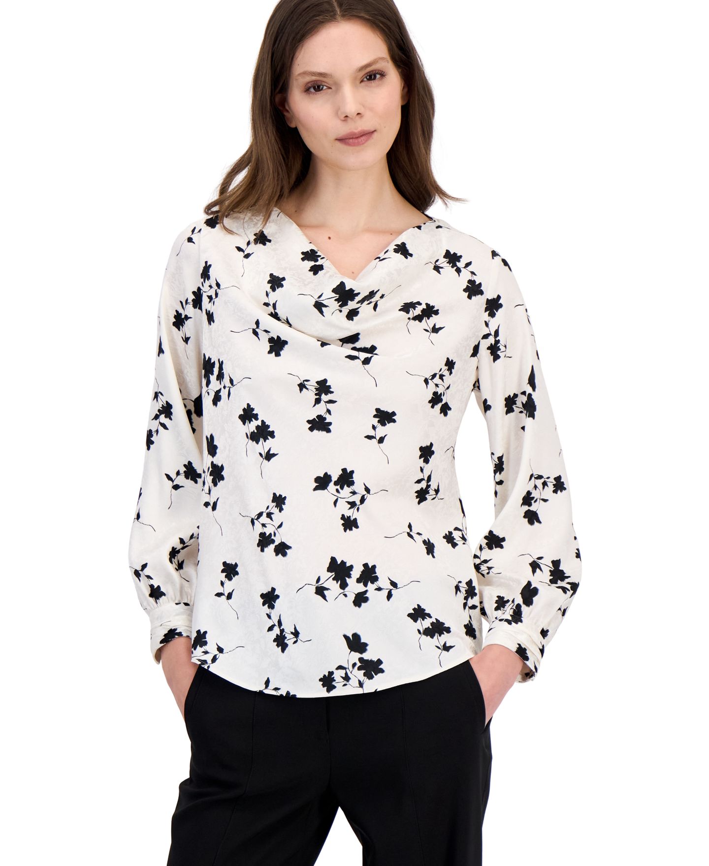 Женская блузка Anne Klein Floral Cowl Neck Long-Sleeve, цвет: Белый разноцветный — фото 1