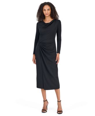 Women's Faux Wrap Cowl Neck Long Sleeve Midi Dress