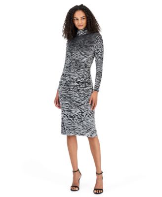 Women's Animal Print Ruched Velvet Mock Neck Midi Dress