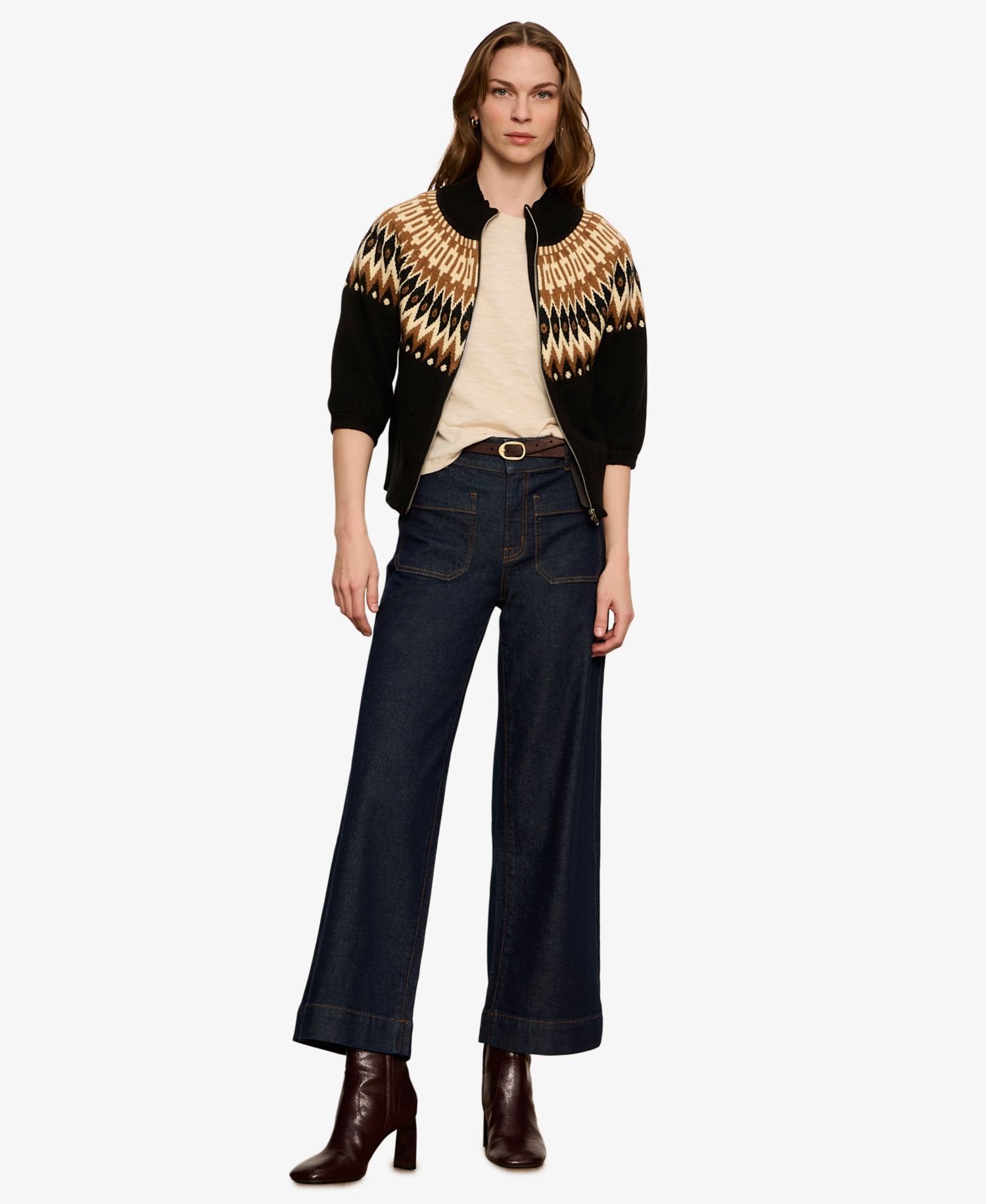 Petite Fair Isle Mock Neck Short-Sleeve Zip-Up Cardigan