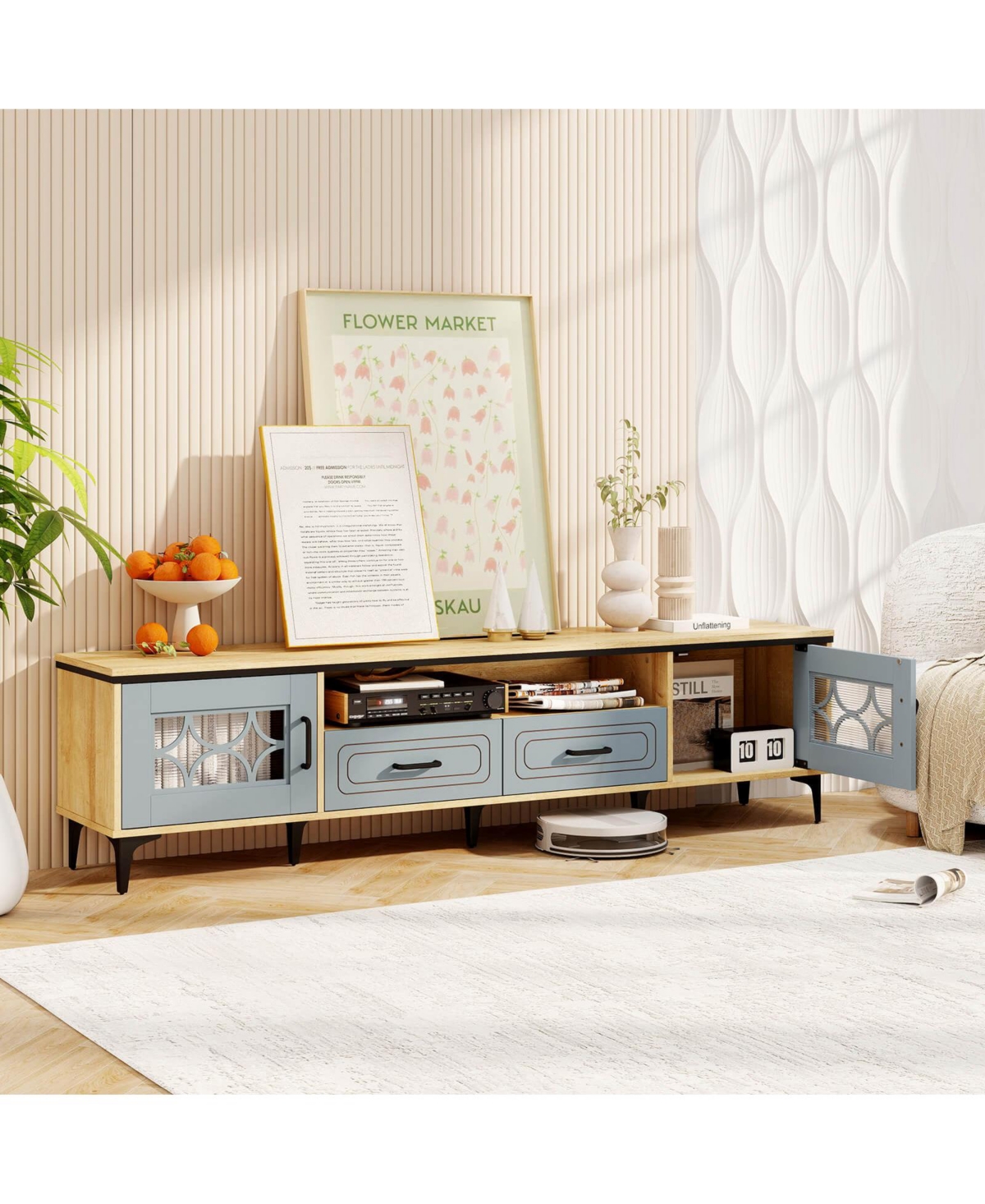 Costway 71" Tv Stand for TVs up to 80" with Open Compartment Side Cabinets & Drawers
