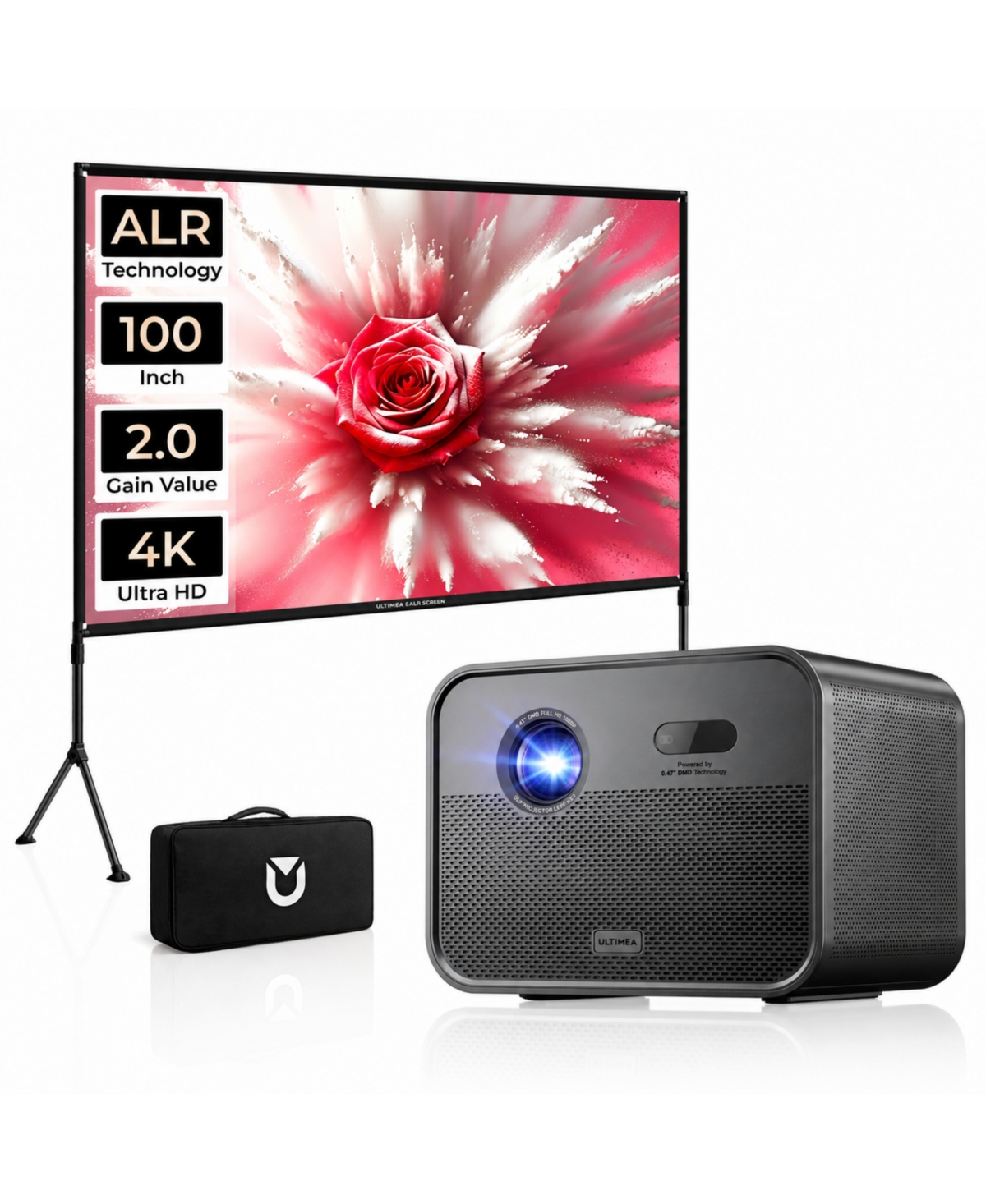 Ultimea Poseidon E100 Native 1080P 1800 Ansi Lumens Short-Throw Built-in Google Tv Smart Projector with 100-Inch E-alr Screen - Black