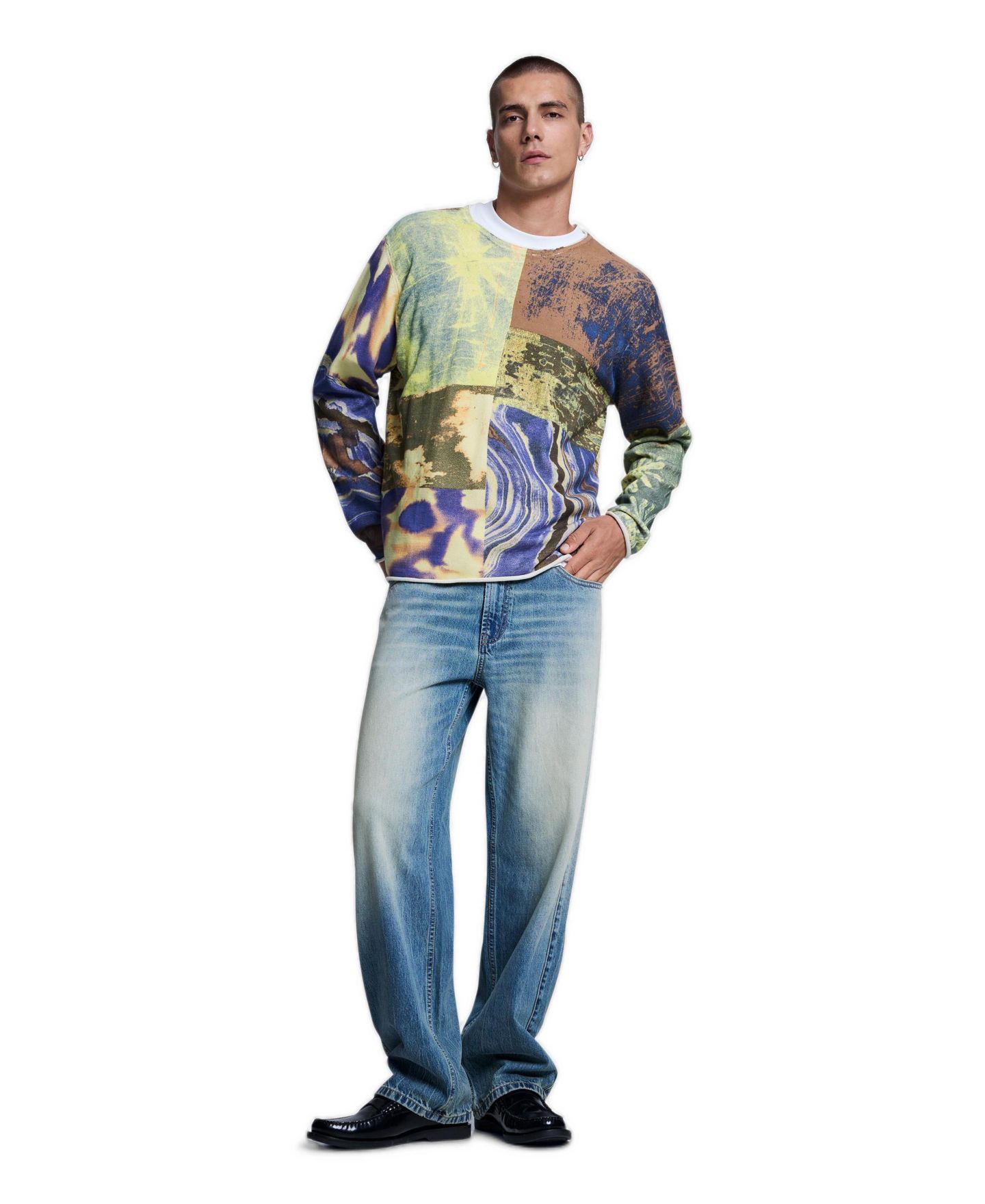 Мужской свитер Desigual Patchwork Print Loose Crew Neck, цвет: Зелёный — фото 2