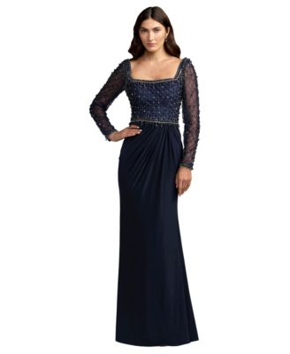 Women's Embellished Mesh Long Sleeve Gown