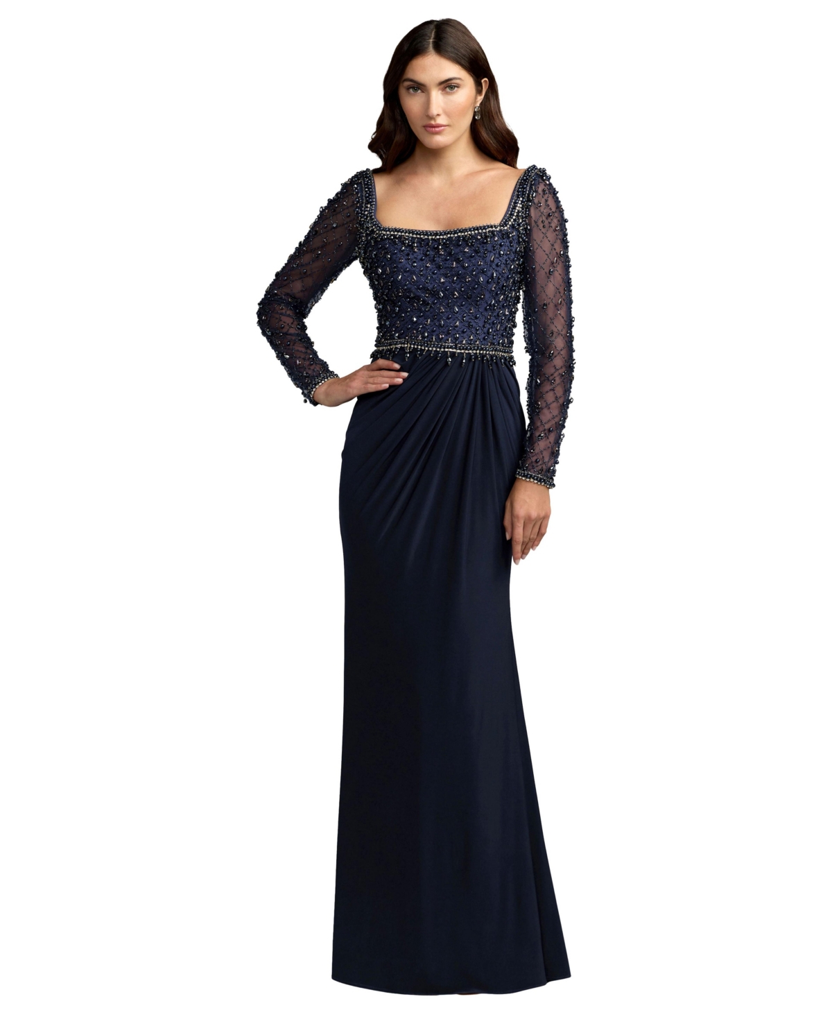 Mac Duggal Women's Embellished Mesh Long Sleeve Gown - Midnight